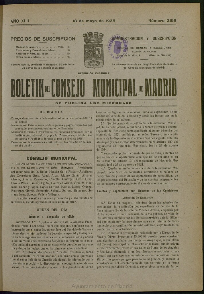 Miniatura de Boletín Oficial del Ayuntamiento de Madrid del 18 de mayo de 1938, nº 2159