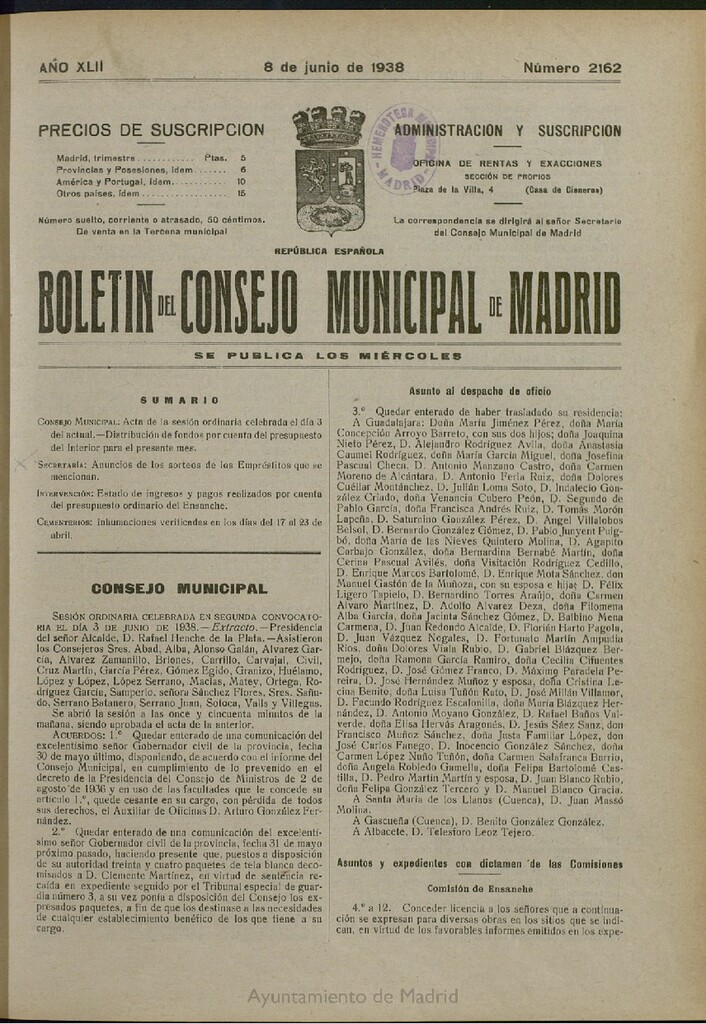 Miniatura de Boletín Oficial del Ayuntamiento de Madrid del 8 de junio de 1938, nº 2162