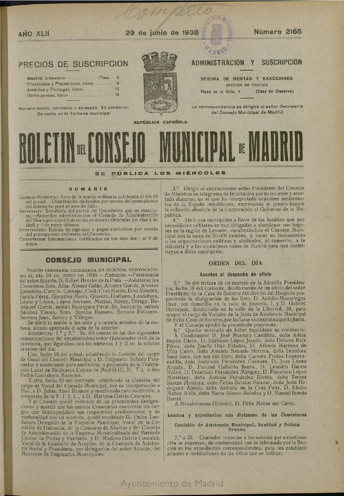 Miniatura de Boletín Oficial del Ayuntamiento de Madrid del 29 de junio de 1938, nº 2165