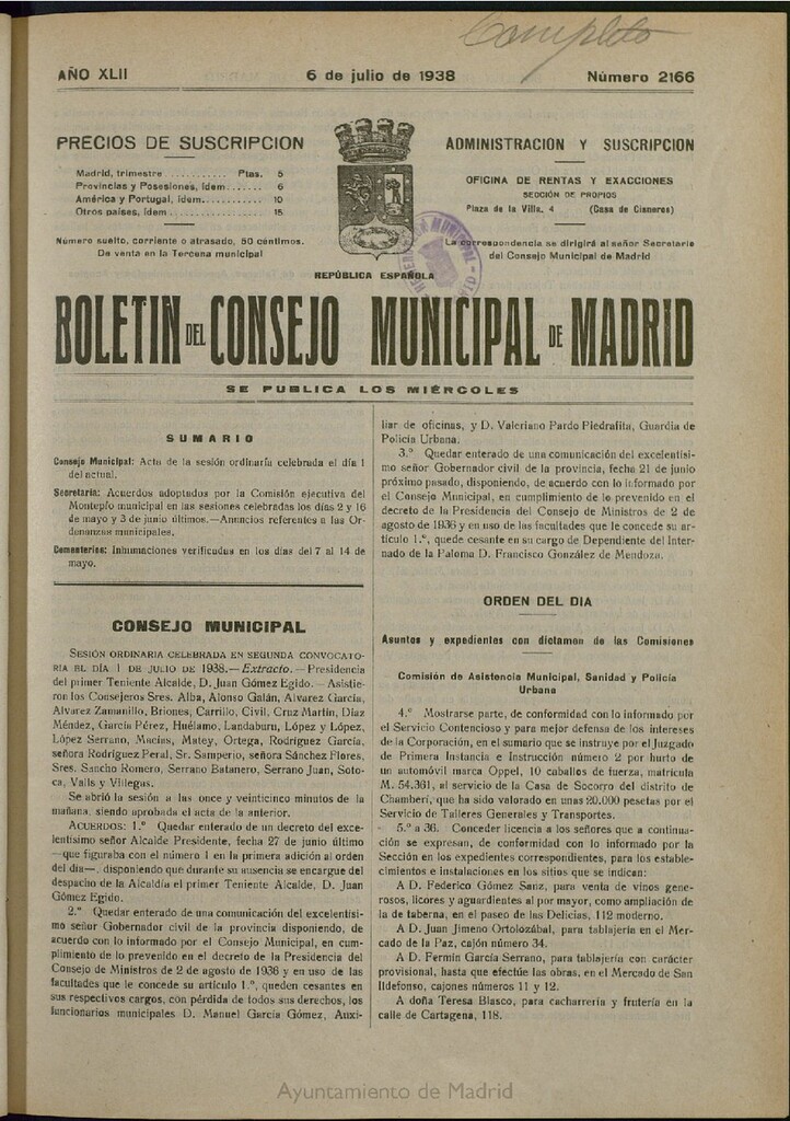 Miniatura de Boletín Oficial del Ayuntamiento de Madrid del 6 de julio de 1938, nº 2166