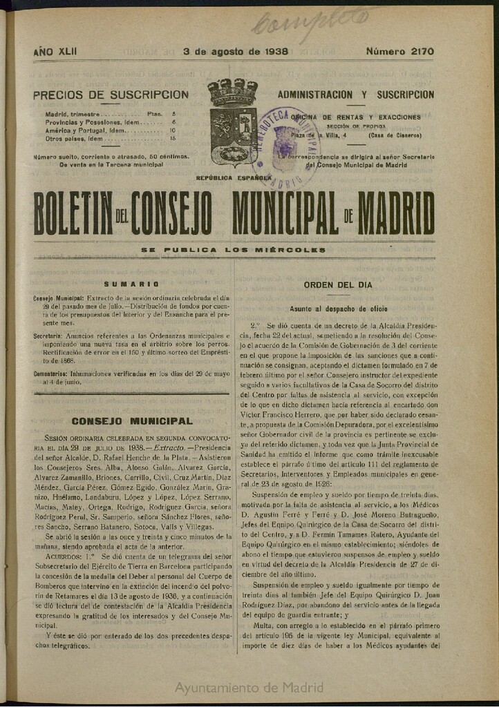 Miniatura de Boletín Oficial del Ayuntamiento de Madrid del 3 de agosto de 1938, nº 2170