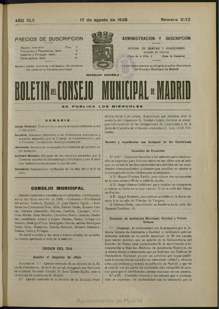Miniatura de Boletín Oficial del Ayuntamiento de Madrid del 17 de agosto de 1938, nº 2172