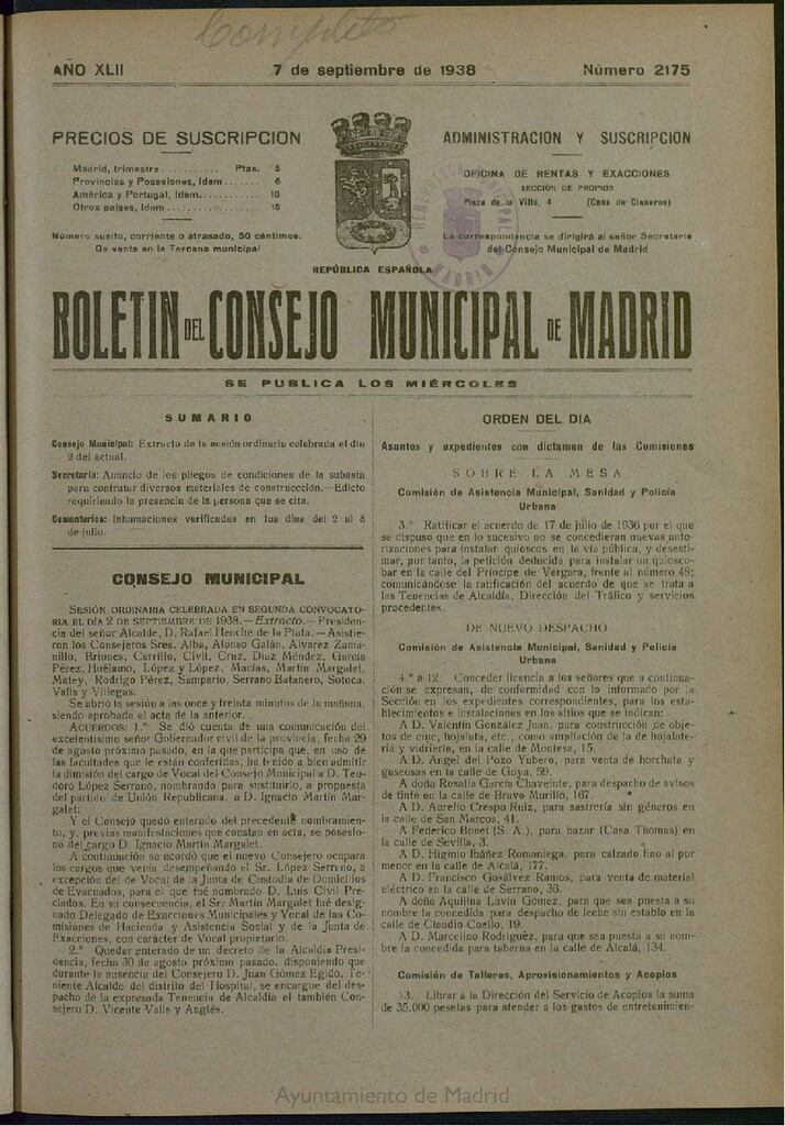 Miniatura de Boletín Oficial del Ayuntamiento de Madrid del 7 de septiembre de 1938, nº 2175