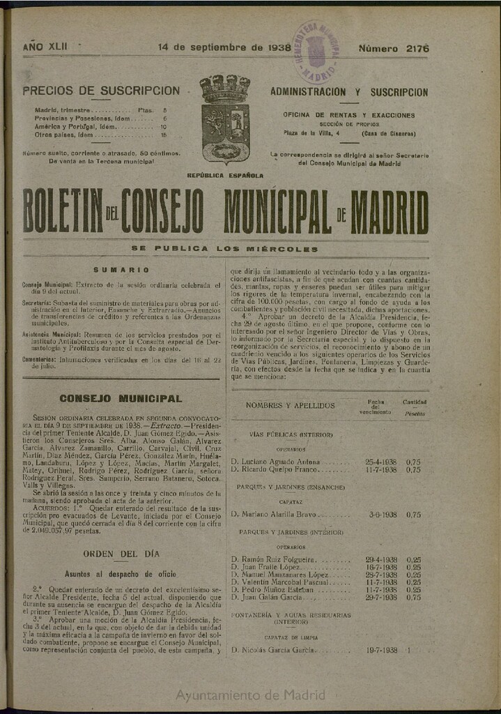Miniatura de Boletín Oficial del Ayuntamiento de Madrid del 14 de septiembre de 1938, nº 2176