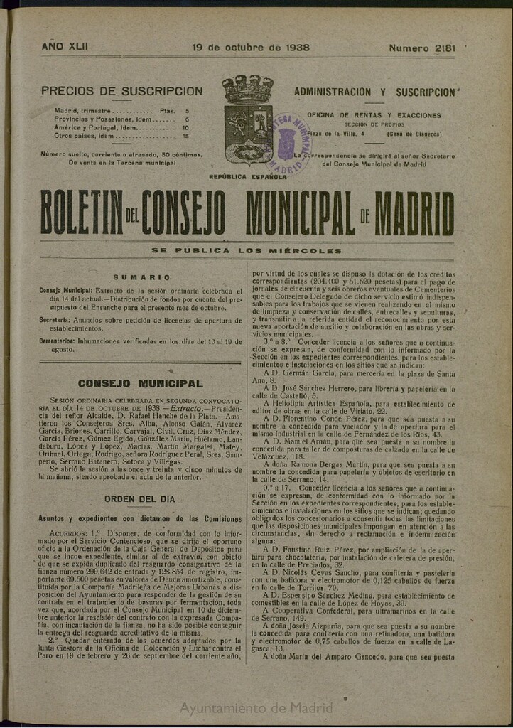 Miniatura de Boletín Oficial del Ayuntamiento de Madrid del 19 de octubre de 1938, nº 2181