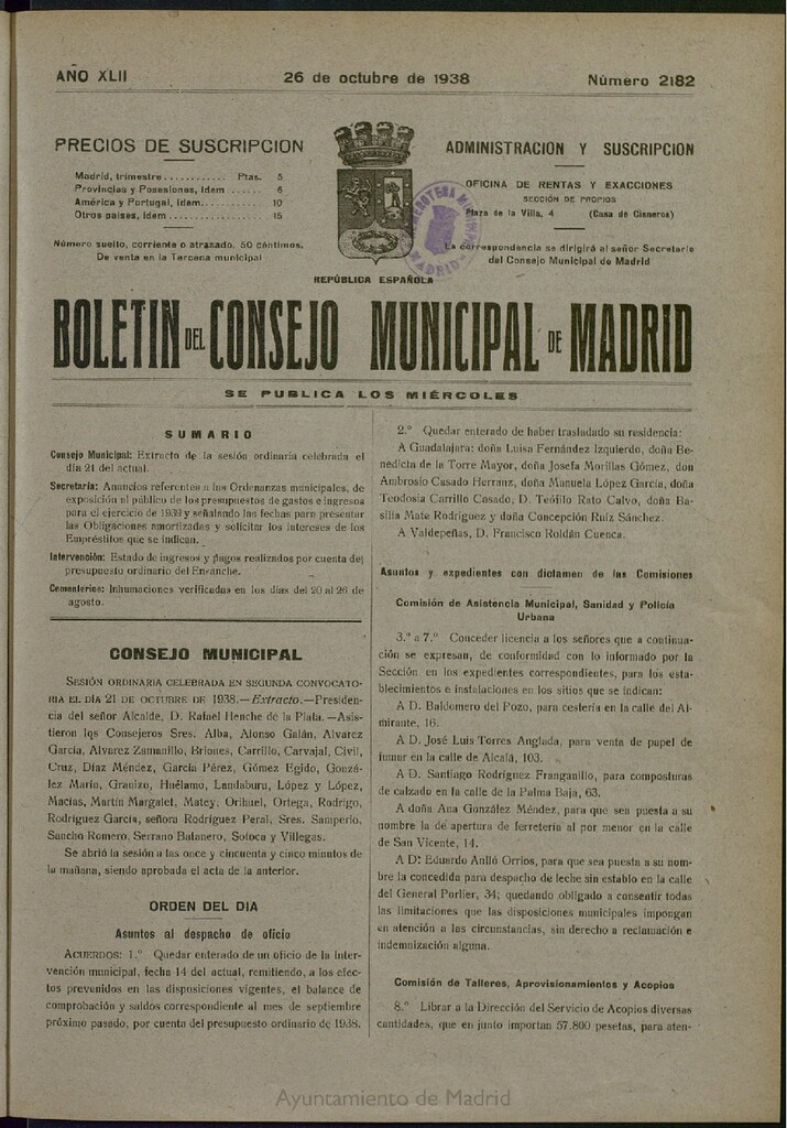 Miniatura de Boletín Oficial del Ayuntamiento de Madrid del 26 de octubre de 1938, nº 2182