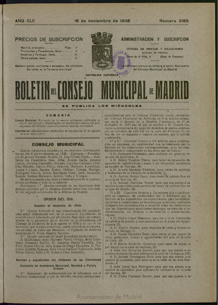 Miniatura de Boletín Oficial del Ayuntamiento de Madrid del 16 de noviembre de 1938, nº 2185