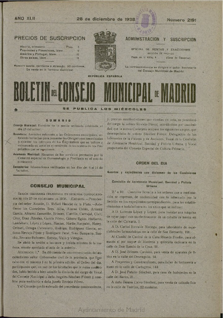 Miniatura de Boletín Oficial del Ayuntamiento de Madrid del 28 de diciembre de 1938, nº 2191