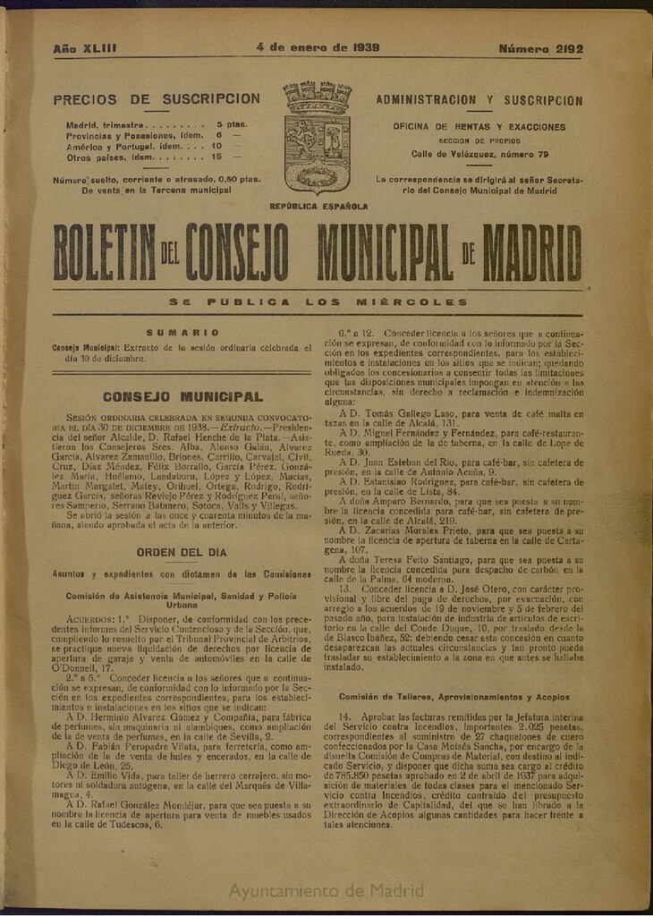 Miniatura de Boletín Oficial del Ayuntamiento de Madrid del 4 de enero de 1939, nº 2192