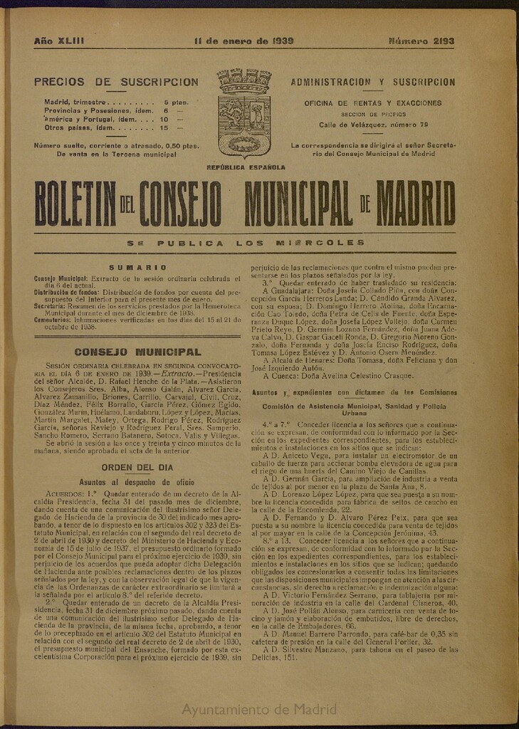 Miniatura de Boletín Oficial del Ayuntamiento de Madrid del 11 de enero de 1939, nº 2193