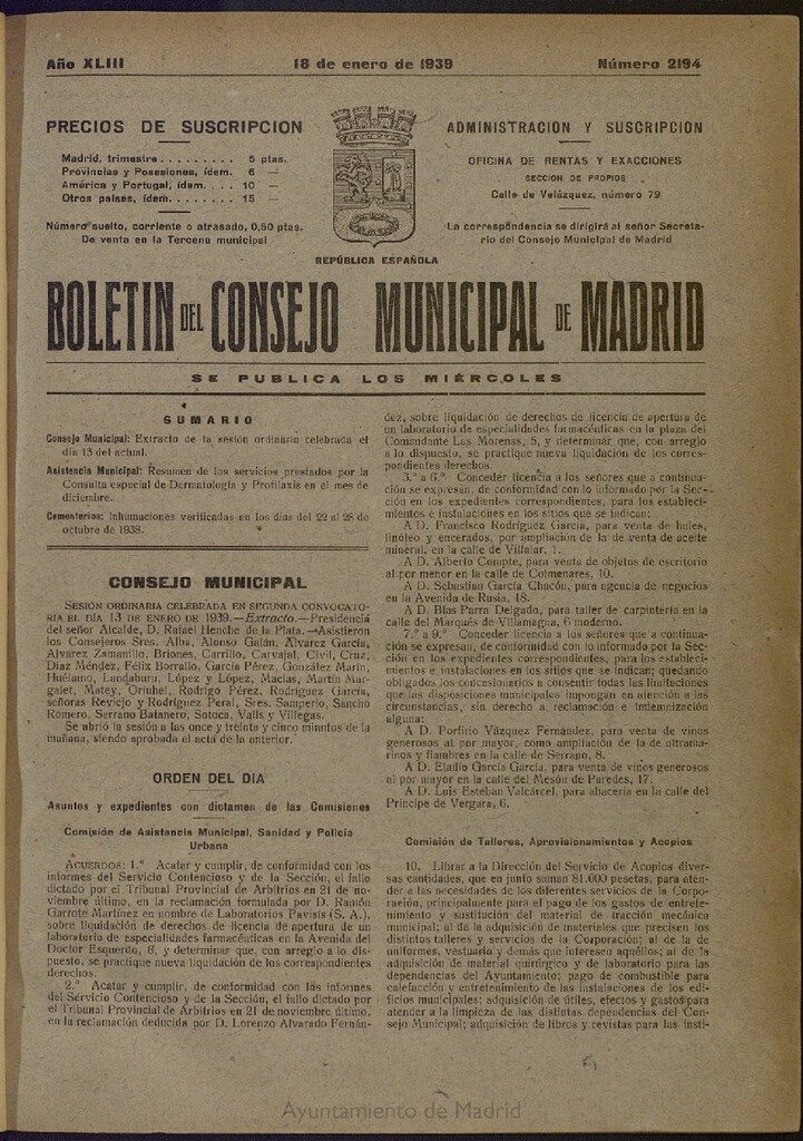 Miniatura de Boletín Oficial del Ayuntamiento de Madrid del 18 de enero de 1939, nº 2194