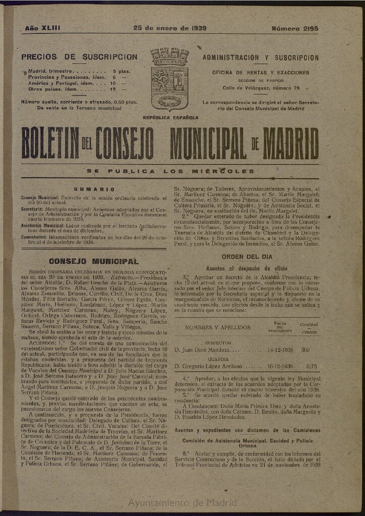 Miniatura de Boletín Oficial del Ayuntamiento de Madrid del 25 de enero de 1939, nº 2195