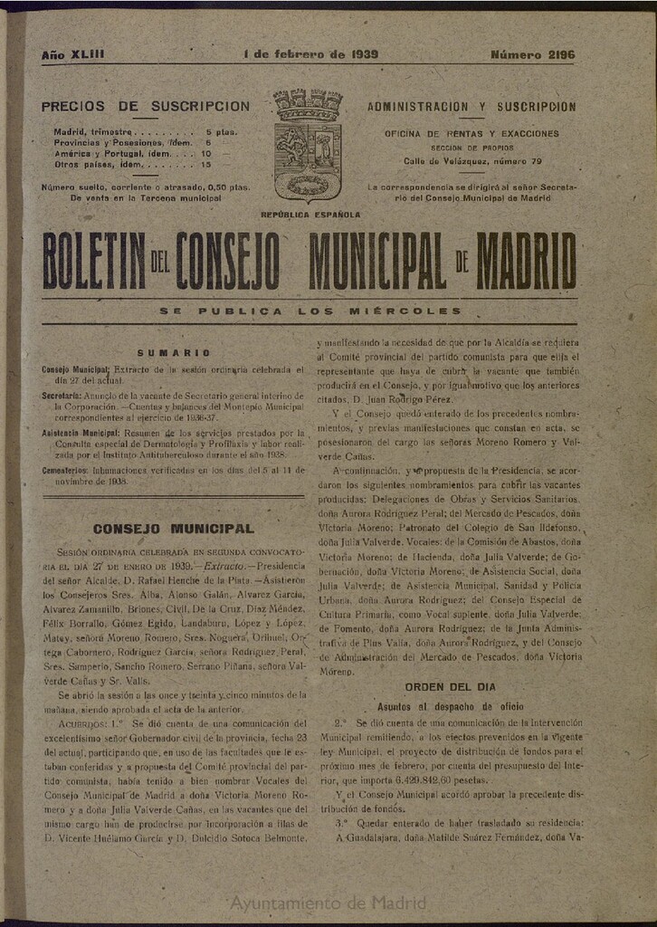 Miniatura de Boletín Oficial del Ayuntamiento de Madrid del 1 de febrero de 1939, nº 2196