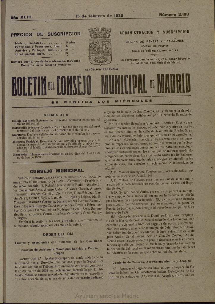 Miniatura de Boletín Oficial del Ayuntamiento de Madrid del 15 de febrero de 1939, nº 2198