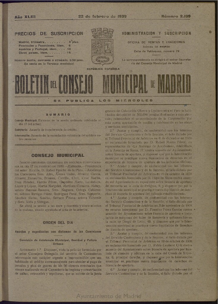 Miniatura de Boletín Oficial del Ayuntamiento de Madrid del 22 de febrero de 1939, nº 2199