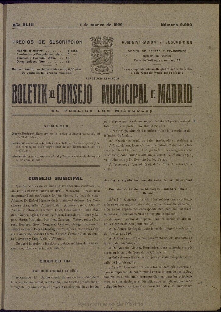 Miniatura de Boletín Oficial del Ayuntamiento de Madrid del 1 de marzo de 1939, nº 2200