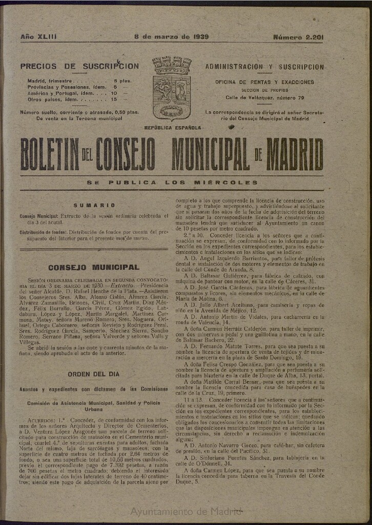 Miniatura de Boletín Oficial del Ayuntamiento de Madrid del 8 de marzo de 1939, nº 2201