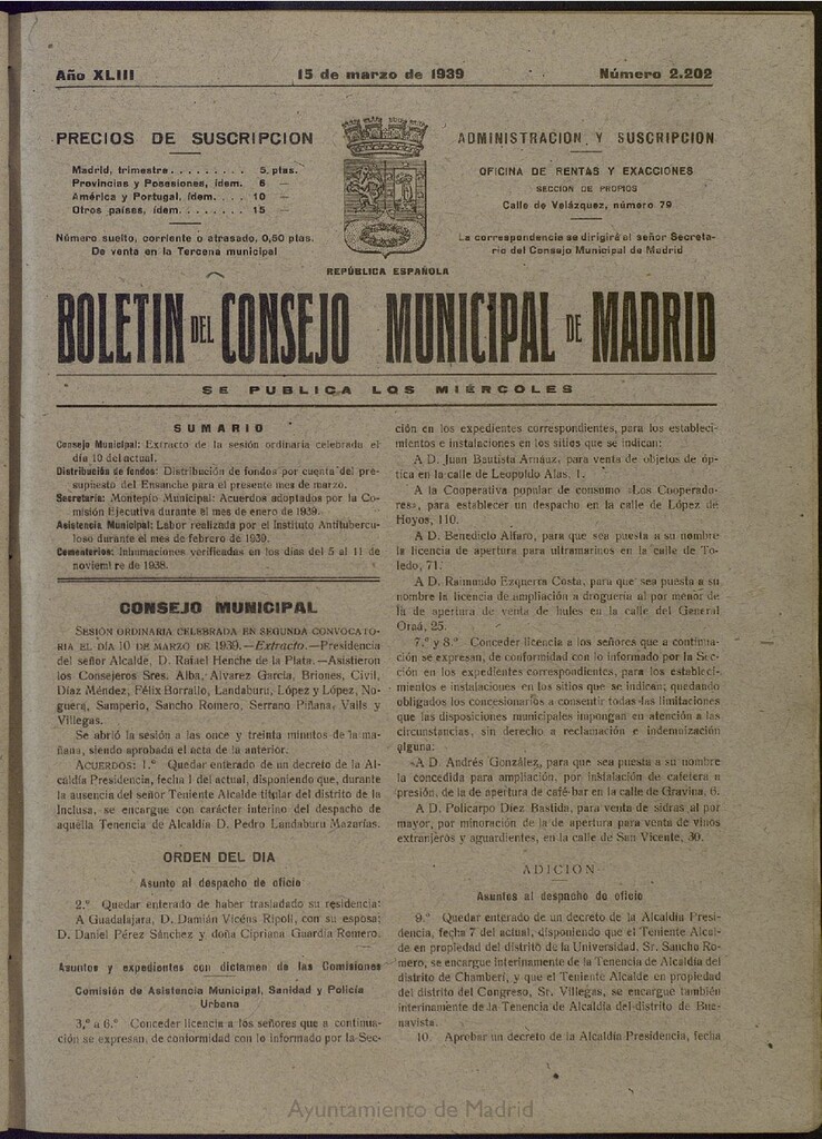 Miniatura de Boletín Oficial del Ayuntamiento de Madrid del 15 de marzo de 1939, nº 2202