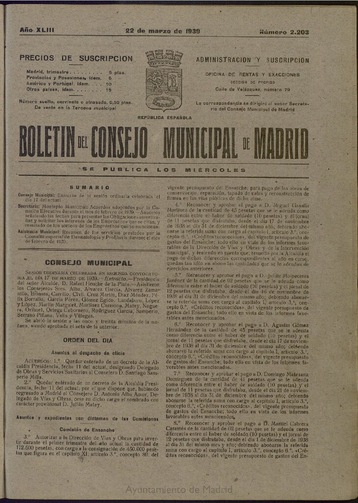 Miniatura de Boletín Oficial del Ayuntamiento de Madrid del 22 de marzo de 1939, nº 2203
