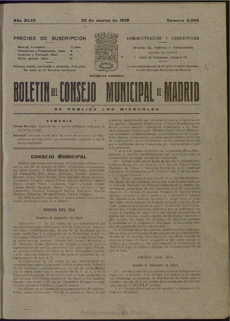 Miniatura de Boletín Oficial del Ayuntamiento de Madrid del 29 de marzo de 1939, nº 2204