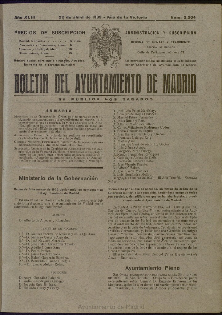Miniatura de Boletín Oficial del Ayuntamiento de Madrid del 22 de abril de 1939, nº 2204 [sic]
