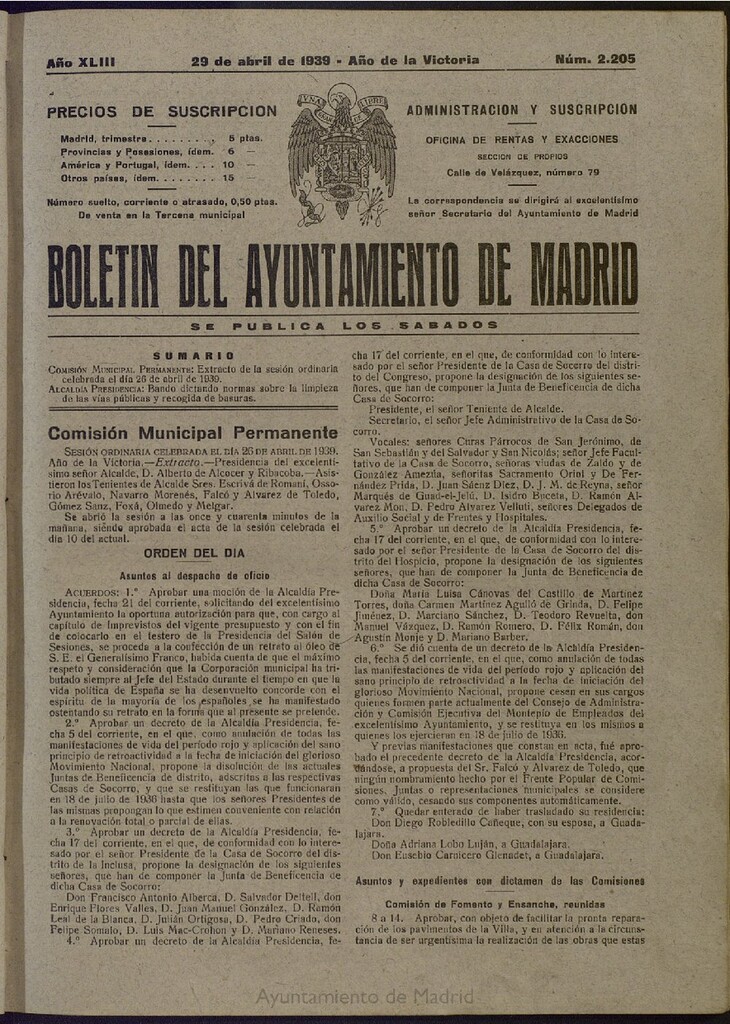 Miniatura de Boletín Oficial del Ayuntamiento de Madrid del 29 de abril de 1939, nº 2205