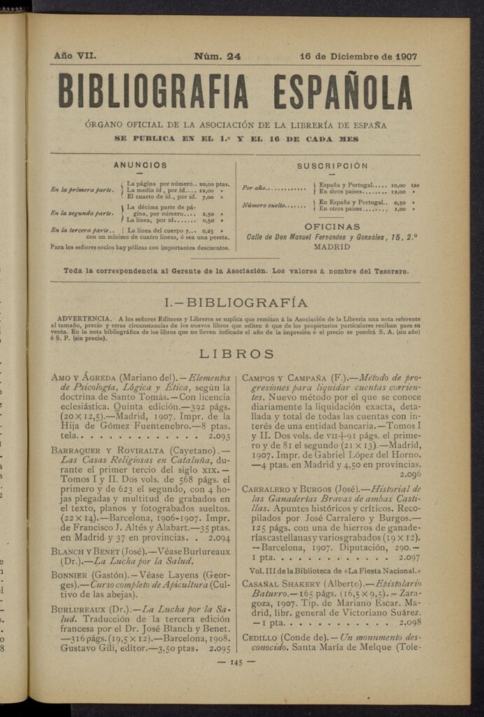Miniatura de Bibliografía Española del 16 de diciembre de 1907
