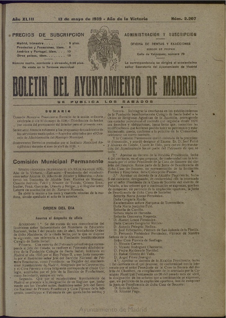 Miniatura de Boletín Oficial del Ayuntamiento de Madrid del 13 de mayo de 1939, nº 2207