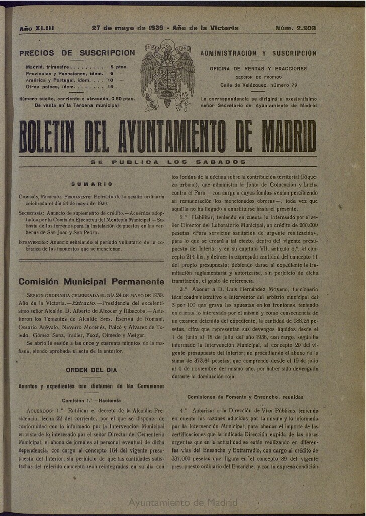 Miniatura de Boletín Oficial del Ayuntamiento de Madrid del 27 de mayo de 1939, nº 2209