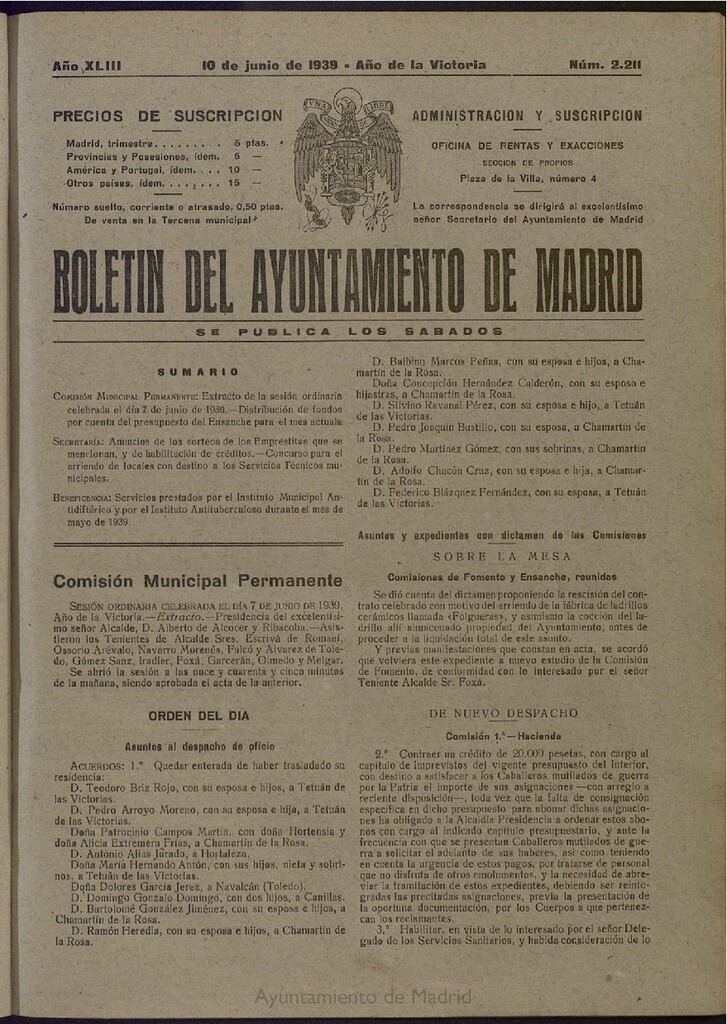 Miniatura de Boletín Oficial del Ayuntamiento de Madrid del 10 de junio de 1939, nº 2211
