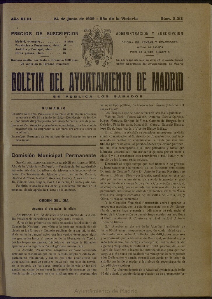 Miniatura de Boletín Oficial del Ayuntamiento de Madrid del 24 de junio de 1939, nº 2213
