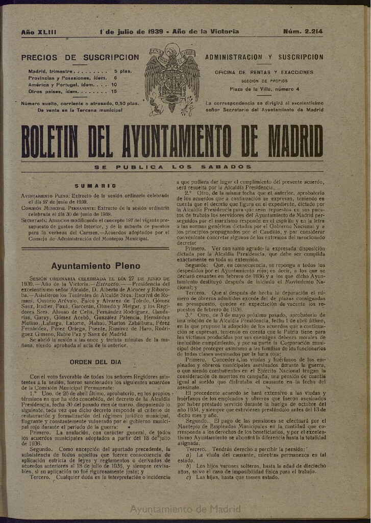 Miniatura de Boletín Oficial del Ayuntamiento de Madrid del 1 de julio de 1939, nº 2214