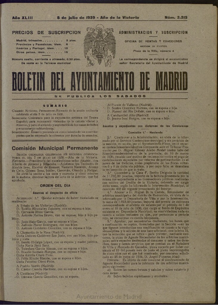 Miniatura de Boletín Oficial del Ayuntamiento de Madrid del 8 de julio de 1939, nº 2215