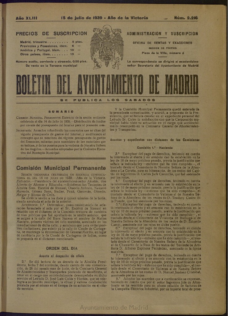 Miniatura de Boletín Oficial del Ayuntamiento de Madrid del 15 de julio de 1939, nº 2216