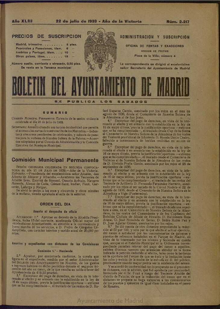 Miniatura de Boletín Oficial del Ayuntamiento de Madrid del 22 de julio de 1939, nº 2217
