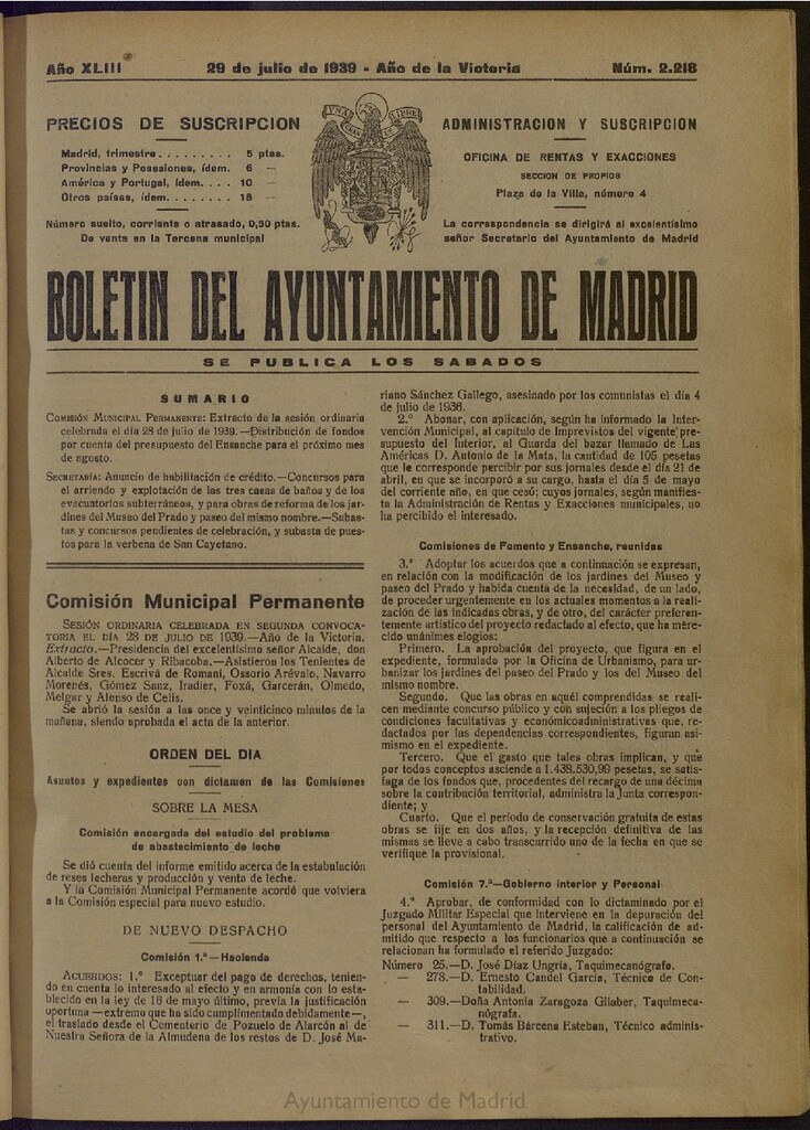 Miniatura de Boletín Oficial del Ayuntamiento de Madrid del 29 de julio de 1939, nº 2218