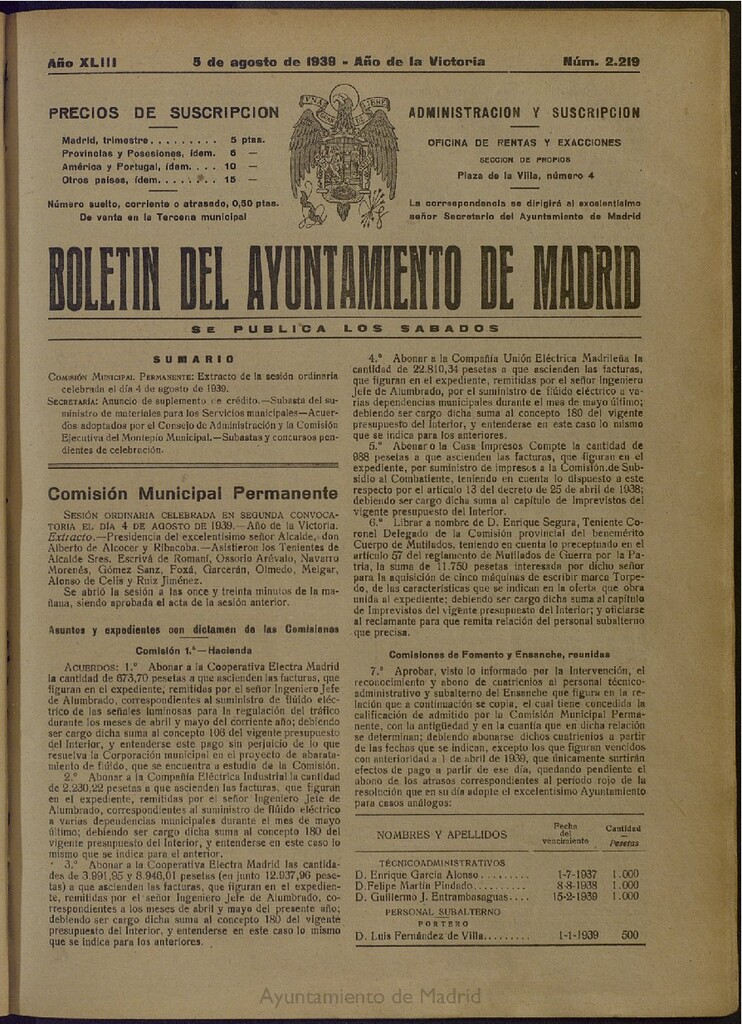 Miniatura de Boletín Oficial del Ayuntamiento de Madrid del 5 de agosto de 1939, nº 2219