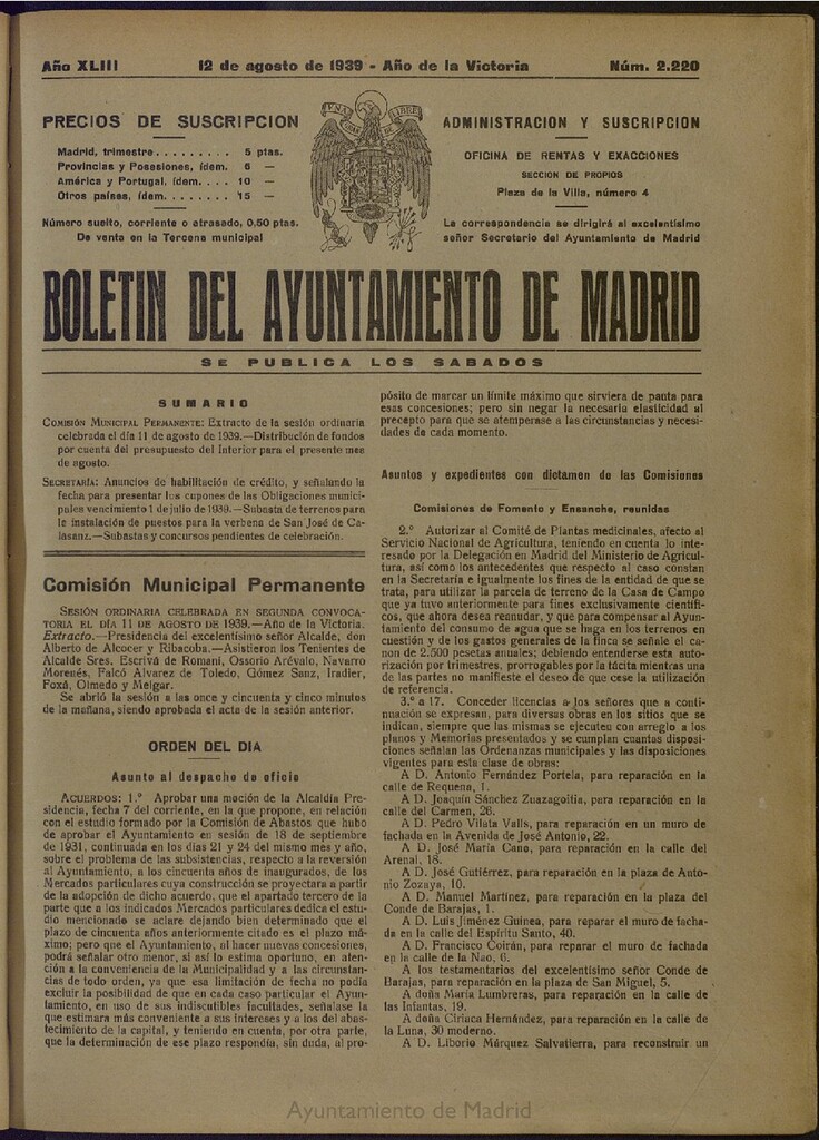 Miniatura de Boletín Oficial del Ayuntamiento de Madrid del 12 de agosto de 1939, nº 2220