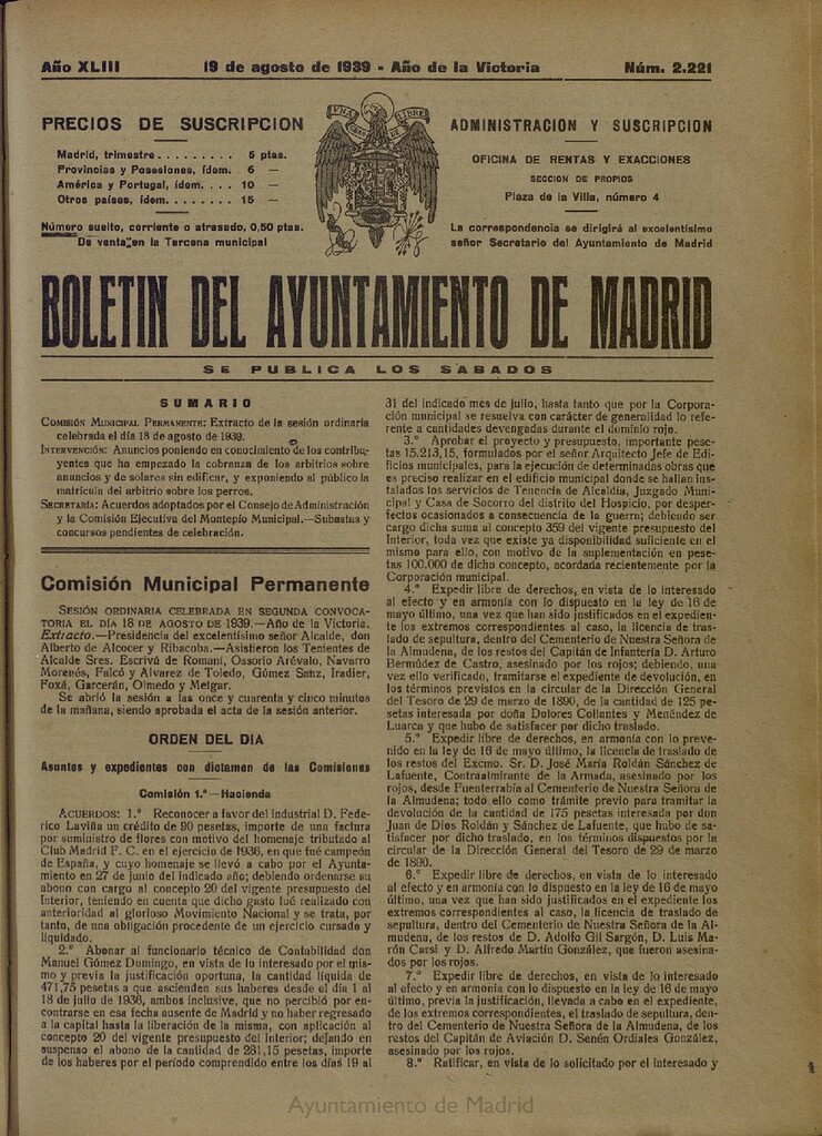 Miniatura de Boletín Oficial del Ayuntamiento de Madrid del 19 de agosto de 1939, nº 2221