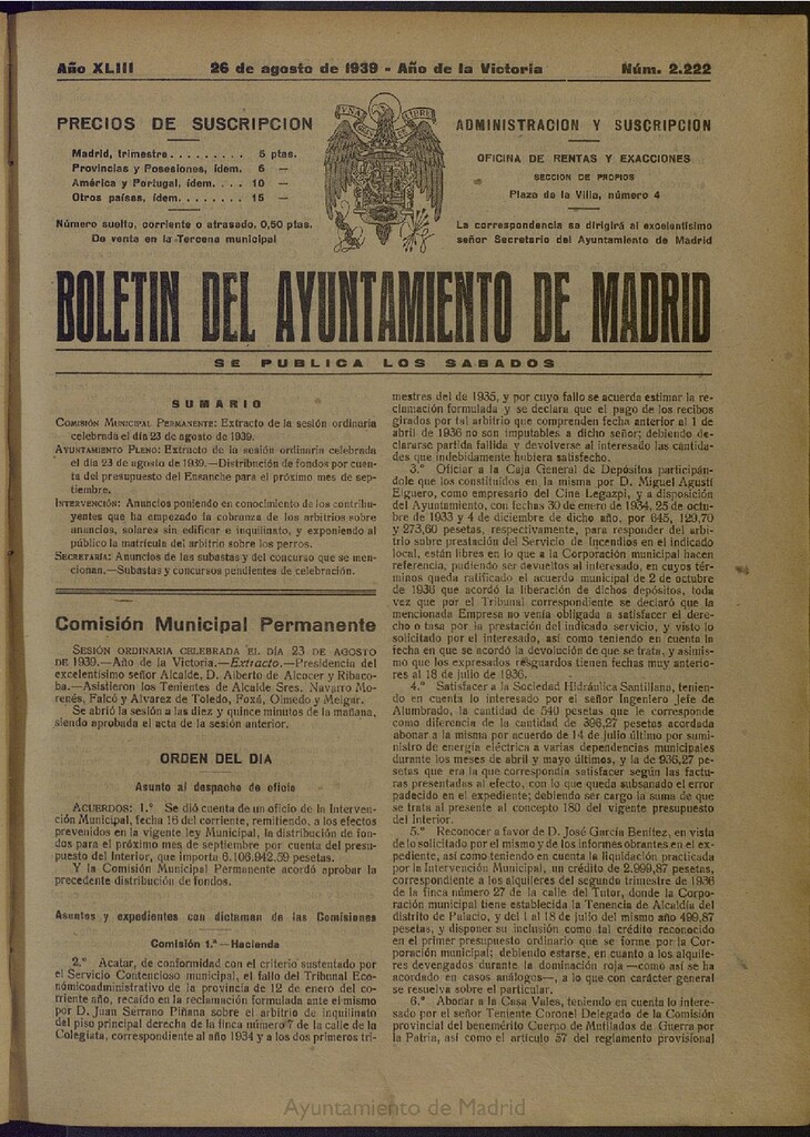 Miniatura de Boletín Oficial del Ayuntamiento de Madrid del 26 de agosto de 1939, nº 2222