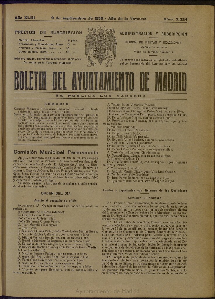 Miniatura de Boletín Oficial del Ayuntamiento de Madrid del 9 de septiembre de 1939, nº 2224