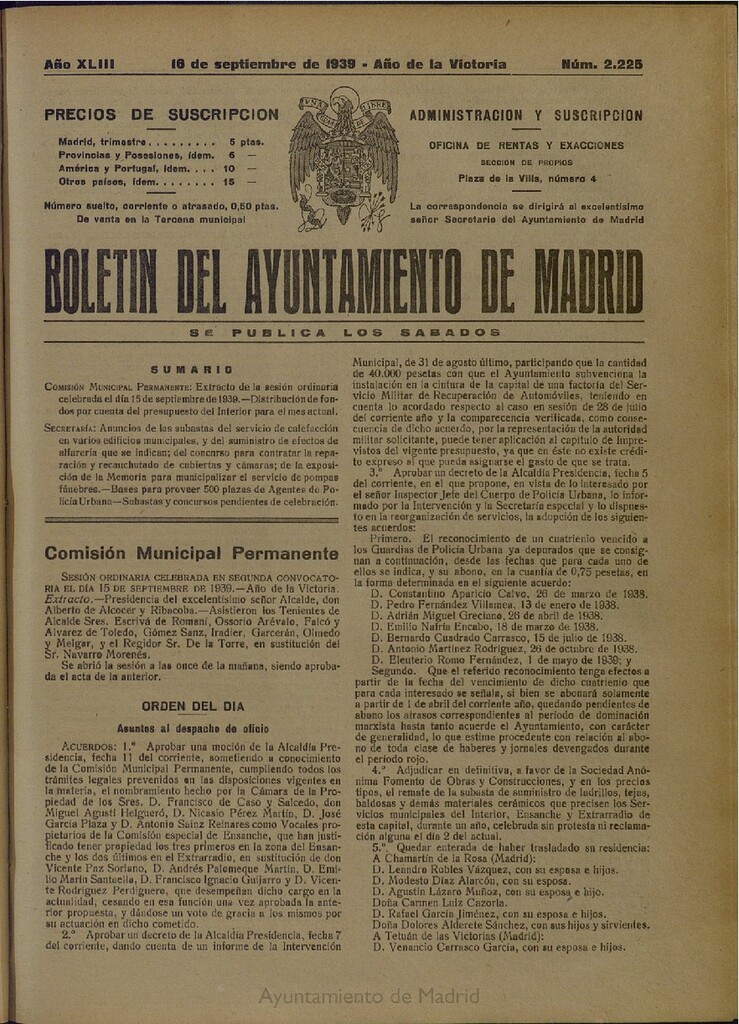 Miniatura de Boletín Oficial del Ayuntamiento de Madrid del 16 de septiembre de 1939, nº 2225