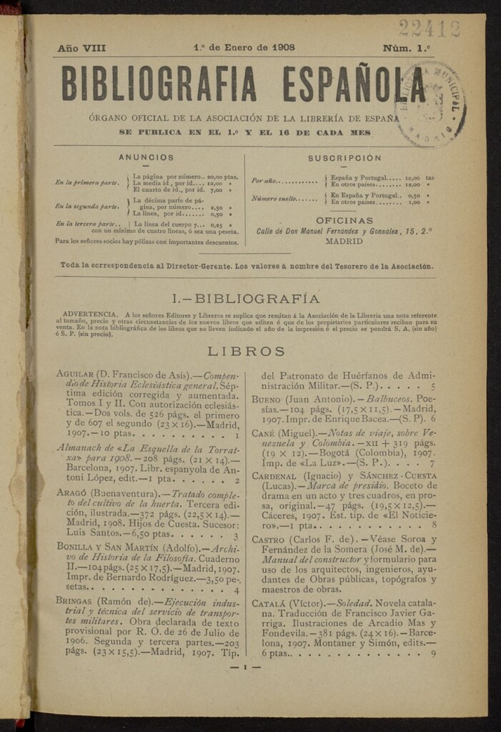 Miniatura de Bibliografía Española del 1 de enero de 1908