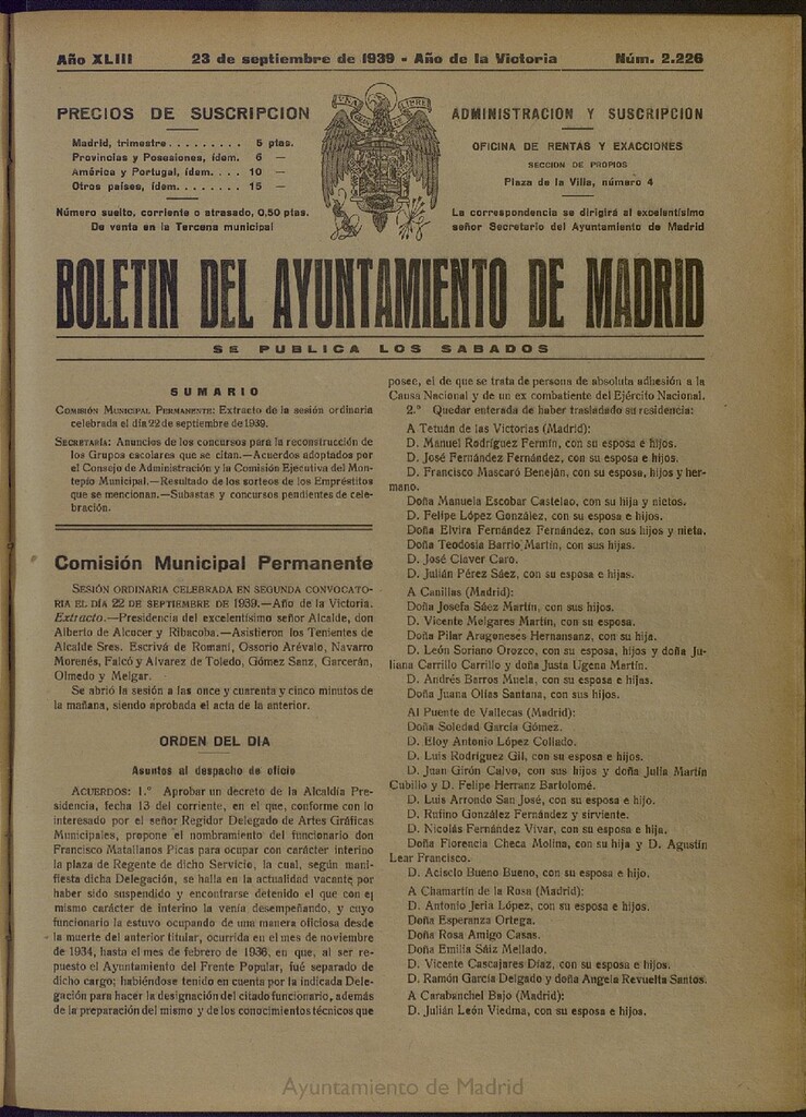 Miniatura de Boletín Oficial del Ayuntamiento de Madrid del 23 de septiembre de 1939, nº 2226