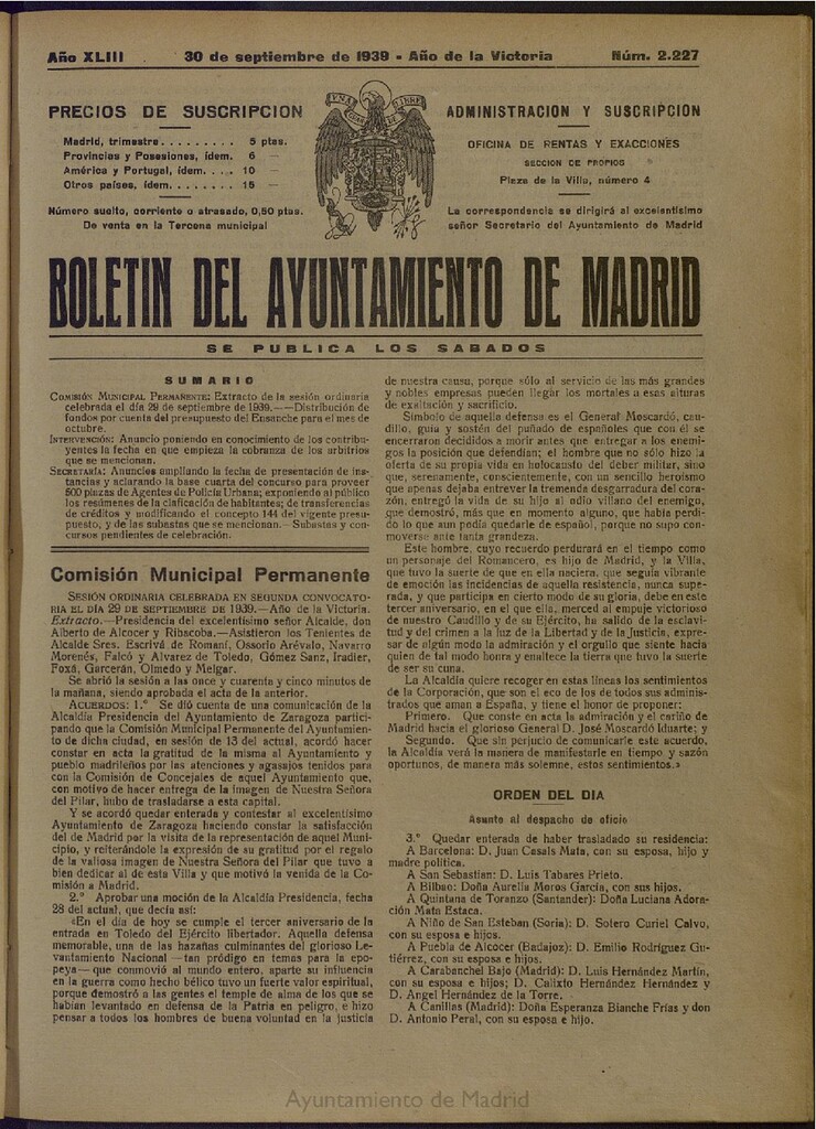 Miniatura de Boletín Oficial del Ayuntamiento de Madrid del 30 de septiembre de 1939, nº 2227
