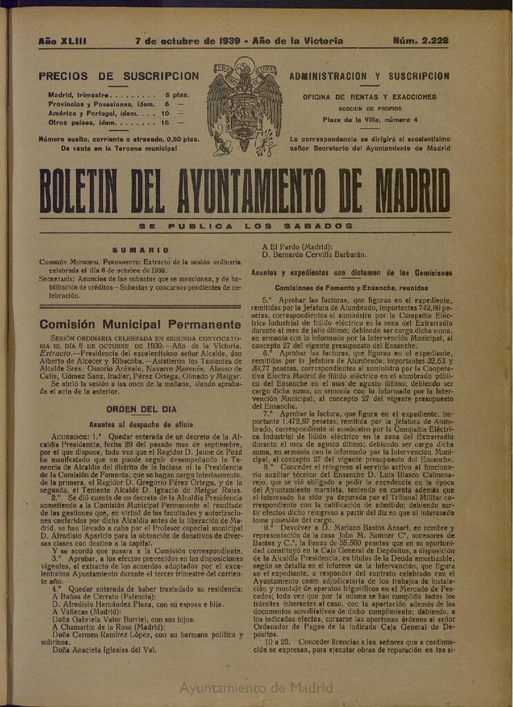 Miniatura de Boletín Oficial del Ayuntamiento de Madrid del 7 de octubre de 1939, nº 2228