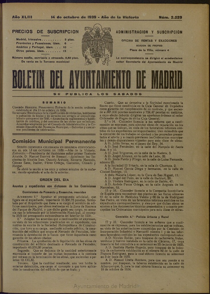 Miniatura de Boletín Oficial del Ayuntamiento de Madrid del 14 de octubre de 1939, nº 2229