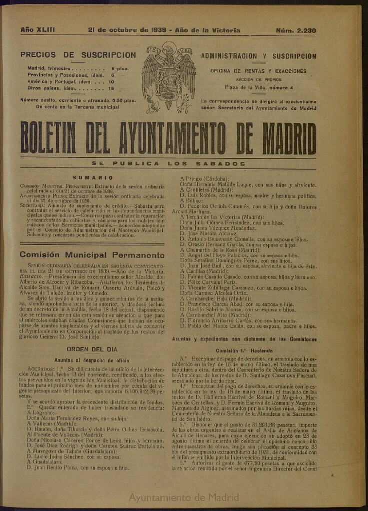 Miniatura de Boletín Oficial del Ayuntamiento de Madrid del 21 de octubre de 1939, nº 2230