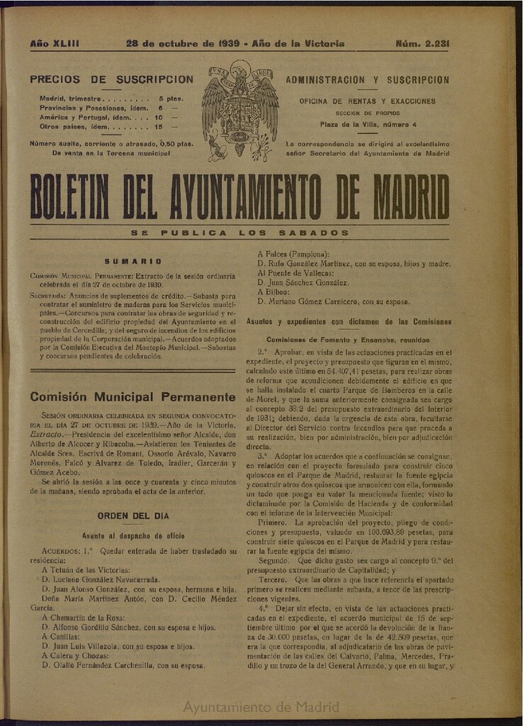 Miniatura de Boletín Oficial del Ayuntamiento de Madrid del 28 de octubre de 1939, nº 2231