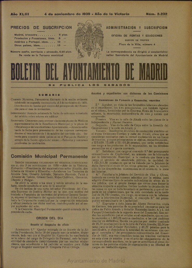 Miniatura de Boletín Oficial del Ayuntamiento de Madrid del 4 de noviembre de 1939, nº 2232